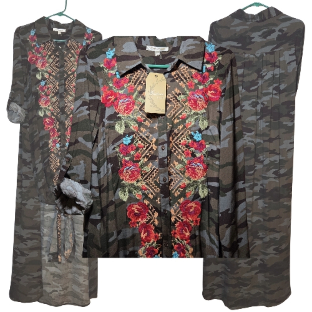 Boho Camo Maxi Dress Embroidered Floral Festival Western Long Shirt Dress S NWT